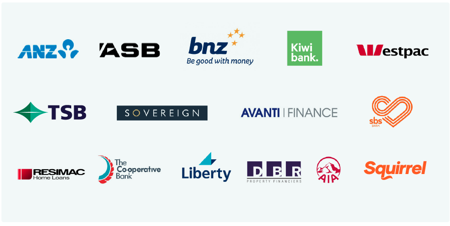 Bank logos - ANZ, ASB, BNZ, Kiwibank, Westpac, TSB, Sovereign, Avanti Finance, SBS, Resimac, The Co-operative bank, Liberty, DBR, AIA, Squirrel