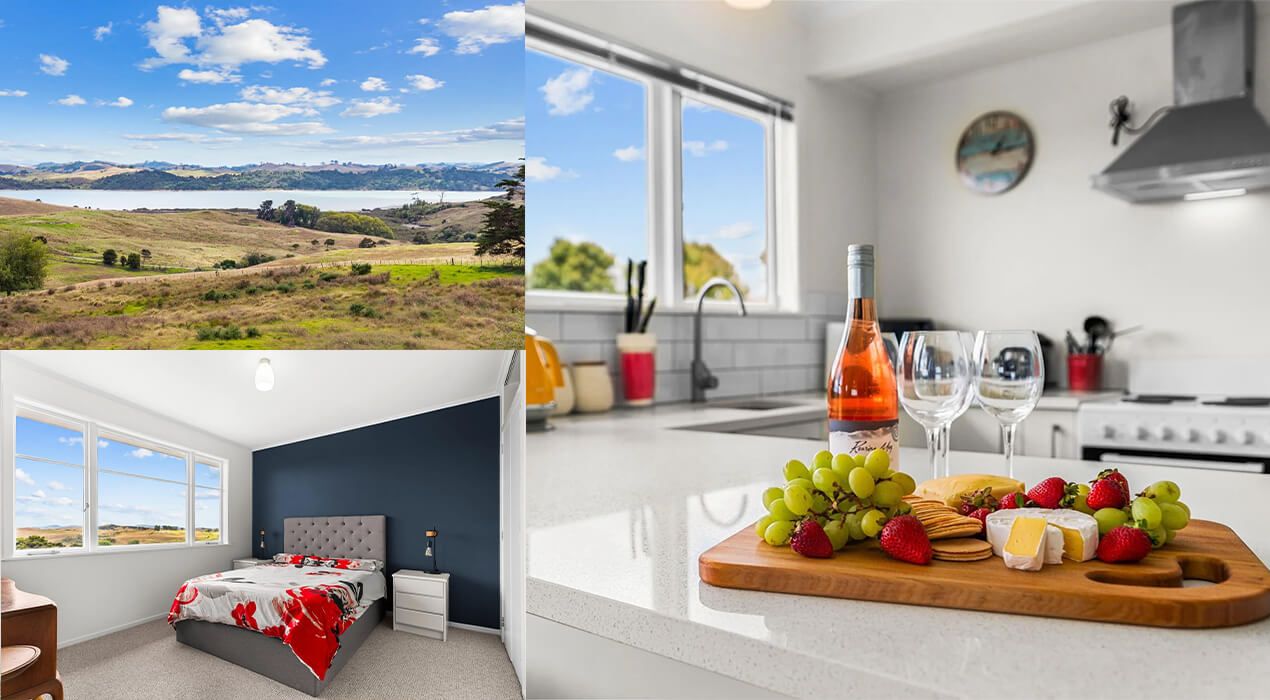 3 images - landscape, bedroom and kitchen 