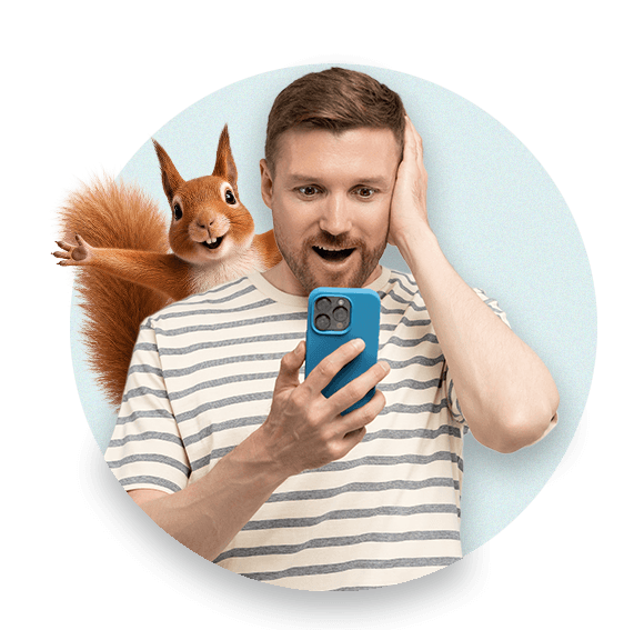Man looking at his phone with surprised expression. Bernie the Squirrel behind him with arms open