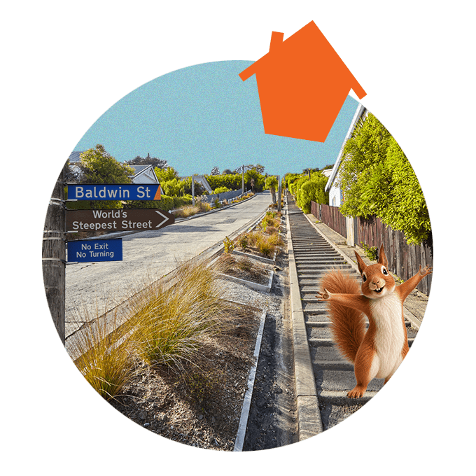 Baldwin Street, the world's steepest street. Bernie the Squirrel popping out from the corner.