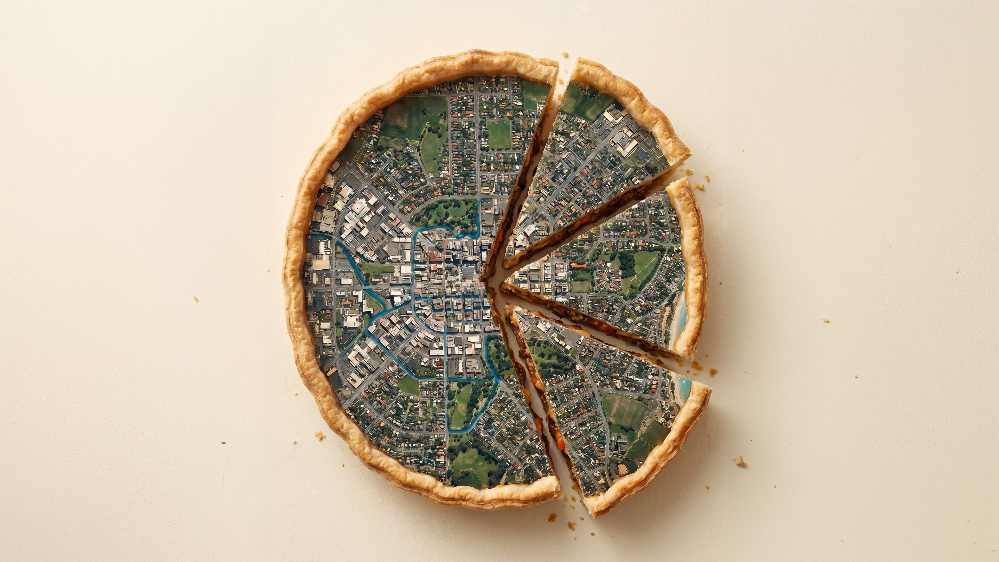 Pie with an aerial image of Christchurch superimposed on top, and three slices cut into it