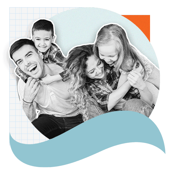 Family of 4 hugging and laughing