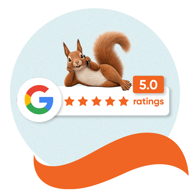 Bernie the Squirrel lying on Google reviews five-star logo