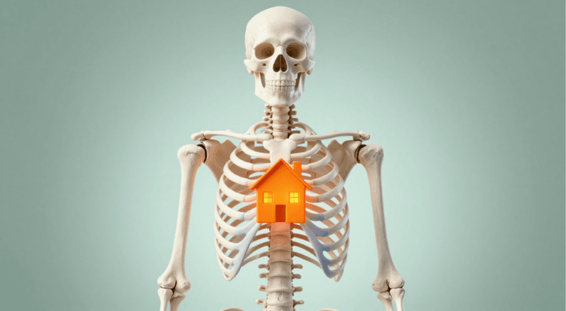 Skeleton figure with an orange house icon sitting in the middle of its chest