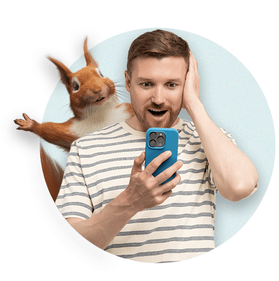 Man looking at his phone with surprised expression. Bernie the Squirrel behind him with arms open