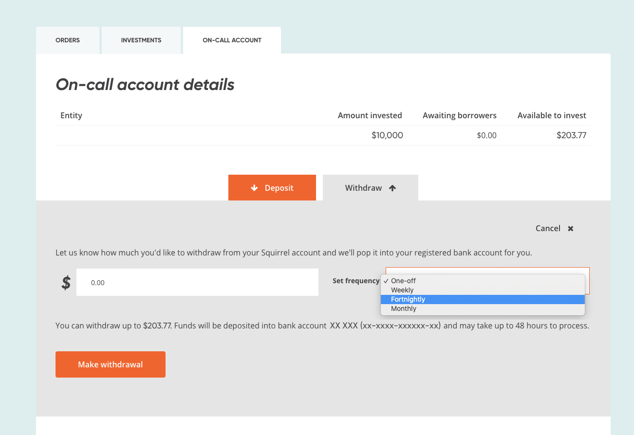 Screenshot of on-call account withdrawal section
