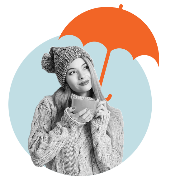 Squirrel insurance, woman holding cup of tea with umbrella
