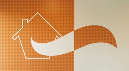 Orange wall design with a house and a Squirrel tail